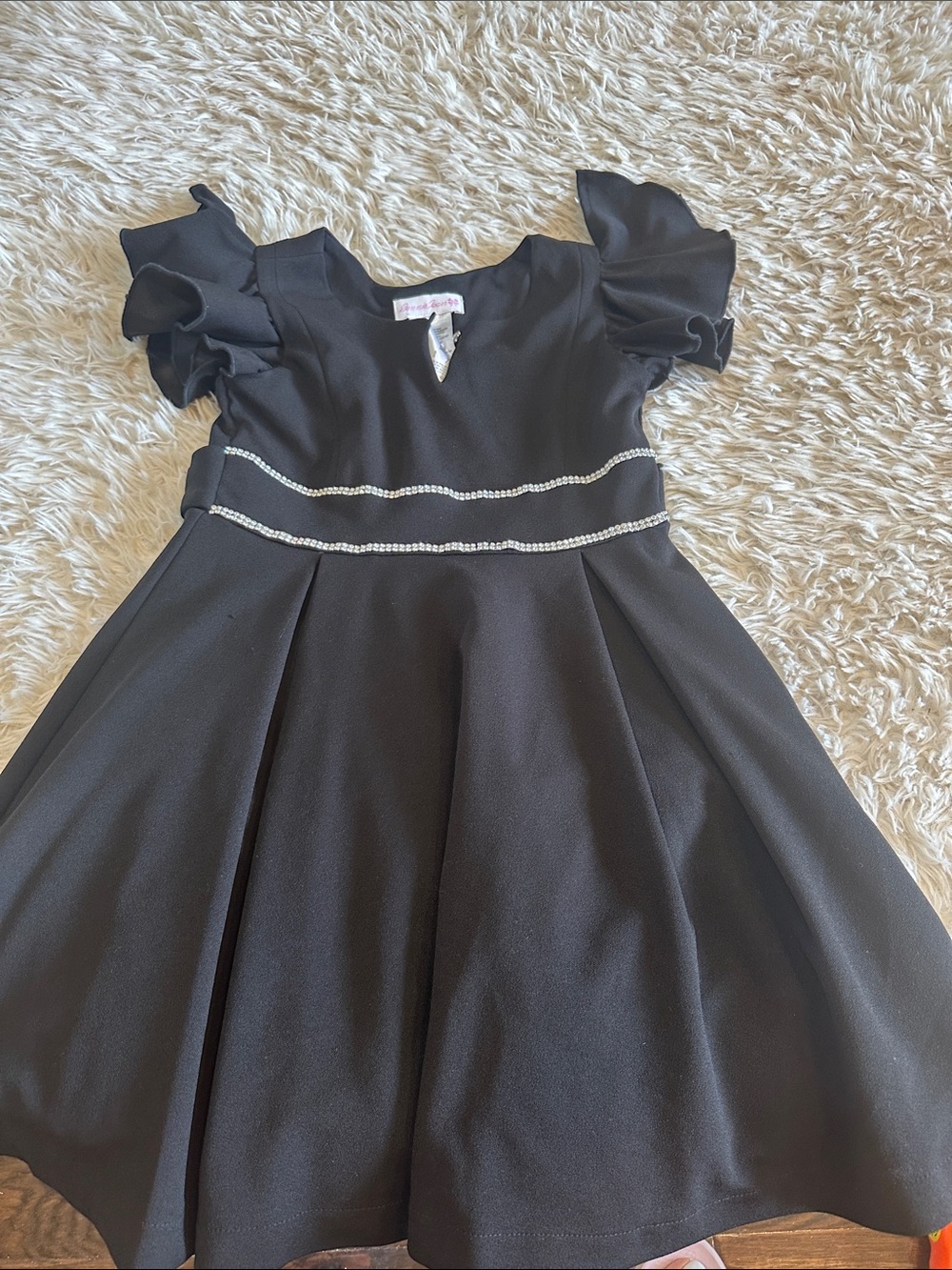 Bonnie Jean Black Ruffled Sleeve Dress with Rhinestone Waist